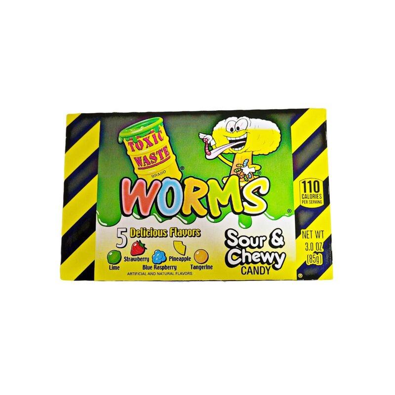 Toxic Waste Sour Gummy Worms Theatre Box 85gMöglicherweise die sauersten Würmer, auf die du stoßen wirst, in einer super-sauren Auswahl an Geschmacksrichtungen: Erdbeere, Ananas, Limette, Blaubeere und MandariWorld of Candy