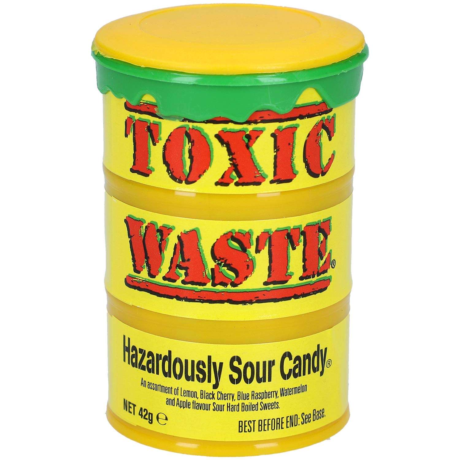 Toxic Waste Yellow Sour Candy Drum 42gEinzeln verpackte Bonbons in einem leuchtend gelben Chemiefass, als ob der Name nicht schon Warnung genug wäre. Die leckeren Bonbons sind unglaublich sauer und begeiWorld of Candy